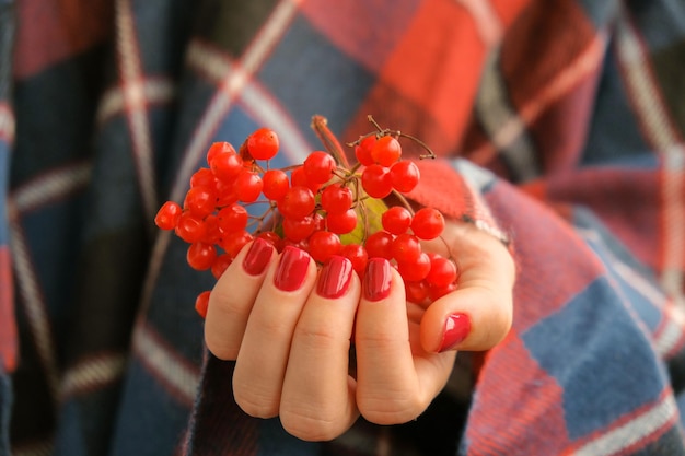 Stylish red female nails Hands Holding Red Currants Modern Beautiful manicure Autumn winter nail design concept of beauty treatment Gel nails Skin care