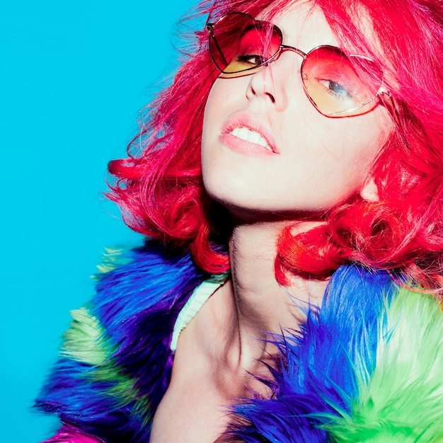 Stylish Red Hair, Glamorous Lady in bright coat, Sunglasses hearts Club Style Party