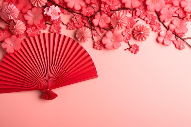 세련된 빨간 종이 부채 원과 붉은 꽃, 분홍색 배경 중국 새해 장식 전통 일본식 복사 공간