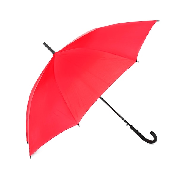 Stylish red umbrella on white background