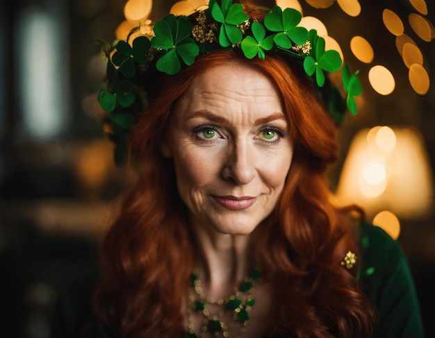 Stylish redhaired elderly woman with clover on St Patrick's Day Portrait of AI