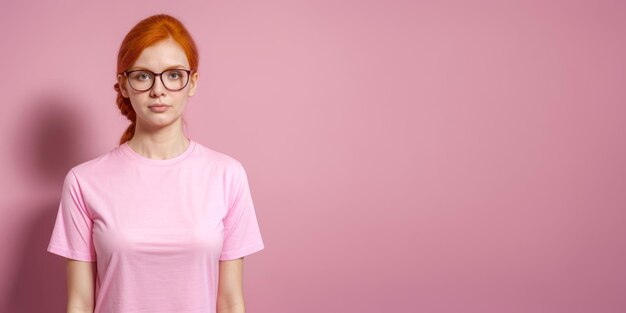 stylish redhaired young woman in glasses on pink background with copy space advertisement or promo has satisfied curious face expression wears casual clothes