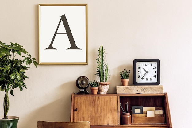 Stylish retro composition of home office interior with vintage
wooden cabinet chair plants clock pendant lamp and elegant
accessories gold mock up poster frame retro home decor