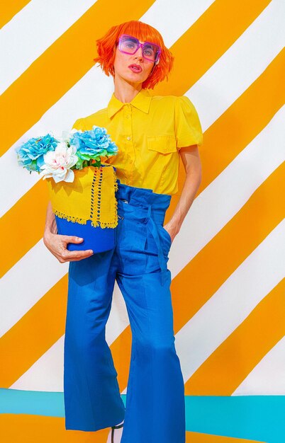 Stylish Retro Lady on trend striped yellow background with flower arrangement in her hands. Minimal spring summer concept