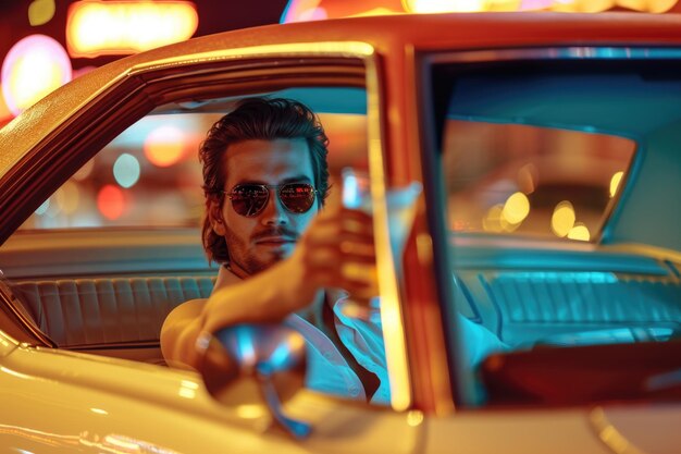 Photo a stylish retro styled man is in a car holding a drink out the window at the drive in