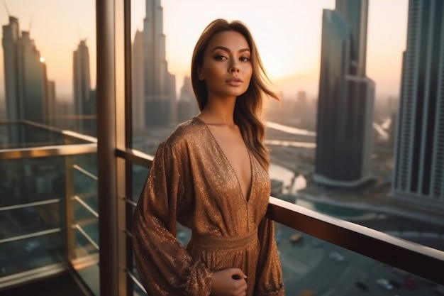 Stylish and rich woman in dress enjoying Dubai skyline Visit United Arab Emirates Generative AI