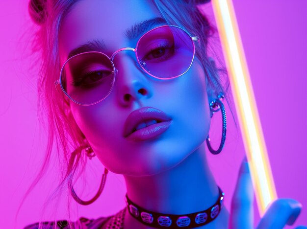 Stylish rock girl in sunglasses holds colorful glow stick