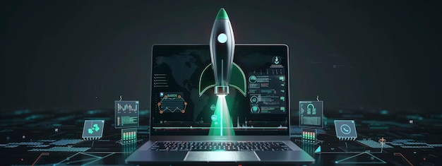 A stylish rocket that takes off from a laptop