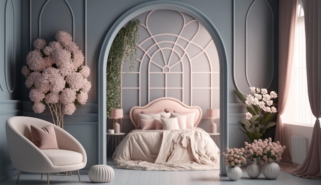 花のあるスタイリッシュなロマンチックな部屋のロマンチックなモックアップ 3D ジェネレーティブ Ai