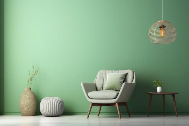 Stylish room interior with comfortable knitted pouf and decor elements near light green wall space