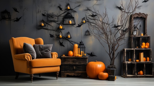 Stylish room interior with creative Halloween decor with blank wall space