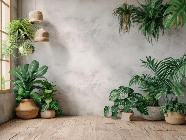 Фото Стильный интерьер комнаты с различными домашними растениями