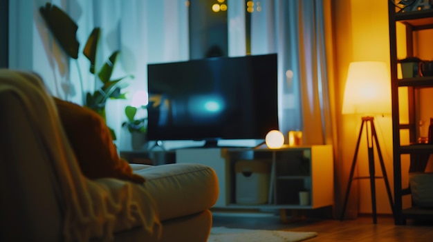 Стильный интерьер комнаты с современным телевизором, креслом и декором