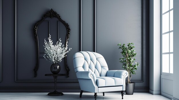 Stylish room with vintage blue chair and mirror