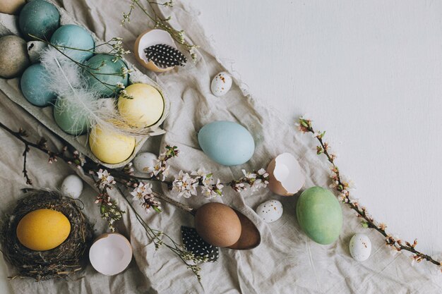 Stylish rustic easter flat lay natural dyed colorful eggs\
cherry blossoms feathers nest