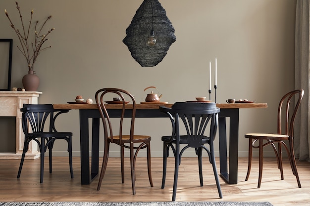 Stylish rustic interior of dining room with walnut wooden table, retro chairs, decoration, fireplace, dried flower, candlestick picture frame and carpet in minimalist home decor..