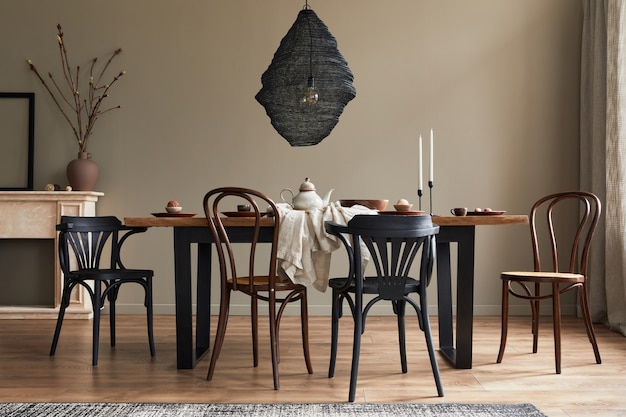 Stylish rustic interior of dining room with walnut wooden table, retro chairs, pedant lamp, fireplace, dried flower, candlestick picture frame and carpet in minimalist home decor.