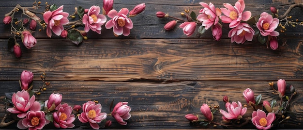 Photo stylish rustic wooden background and photo frames with magnolia roses and hortensia