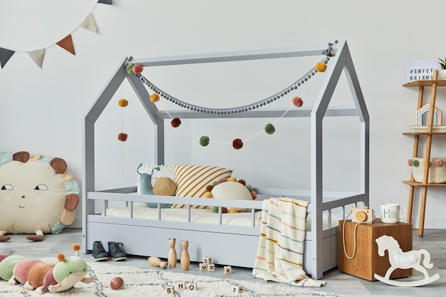 stylish scandinavian childs room with creative bed toys and hanging textile decorations template