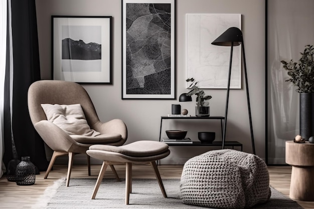 세련된 스칸디나비아 구성의 거실에는 디자인 안락의자가 있는 검은색 모의 포스터 프레임과 흰색 배경 변기 나무 스툴 책 Generative Ai가 있습니다.