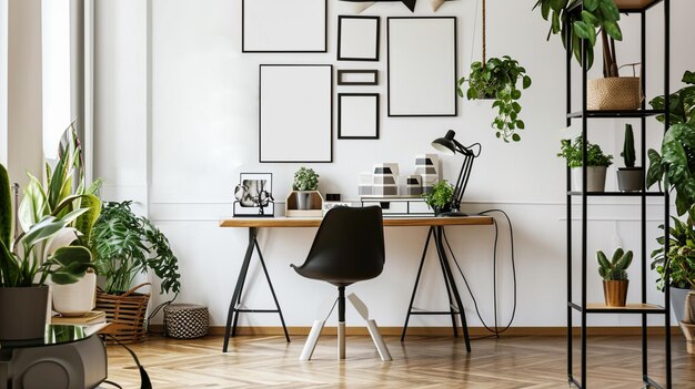 Photo stylish scandinavian home office desk with mock up poster frames a lot of plants ai generative