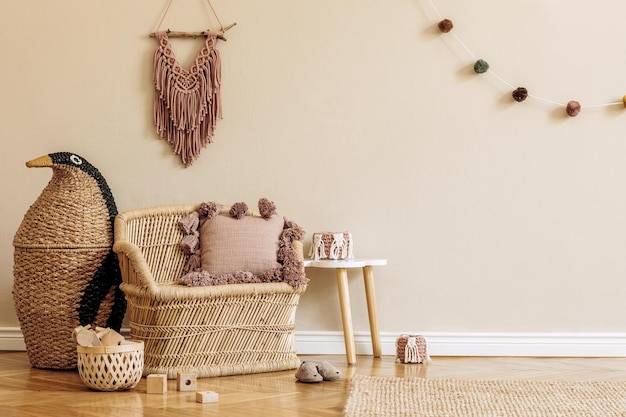 Stylish scandinavian interior of child room with natural toys hanging decoration design furniture plush animals teddy bears and accessories Beige walls Interior design of kid room Template