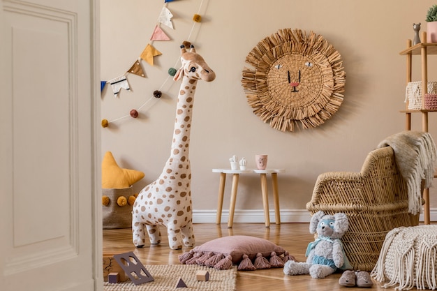 Photo stylish scandinavian interior of child room with natural toys, hanging decoration, design furniture, plush animals, teddy bears and accessories. beige walls. interior design of kid room.