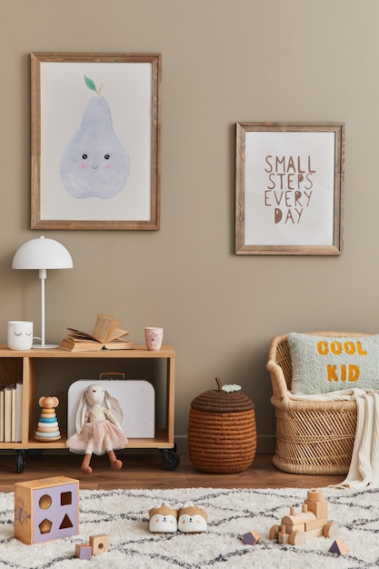 Stylish scandinavian kid room interior with toys andfurniture mock up poster frame Template