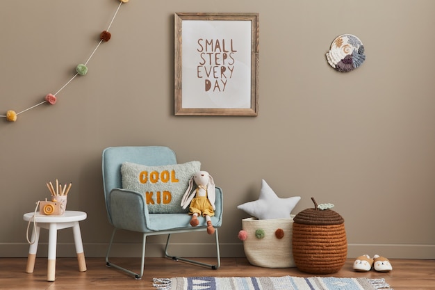 Stylish scandinavian kid room interior with toys andfurniture mock up poster frame Template