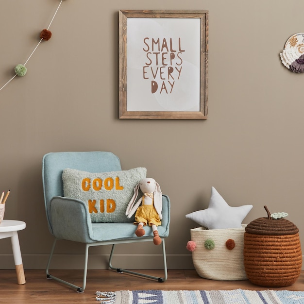 Stylish scandinavian kid room interior with toys teddy bear
plush animal toys mint armchair decoration and child accessories
brown wooden mock up poster frames on the wall template