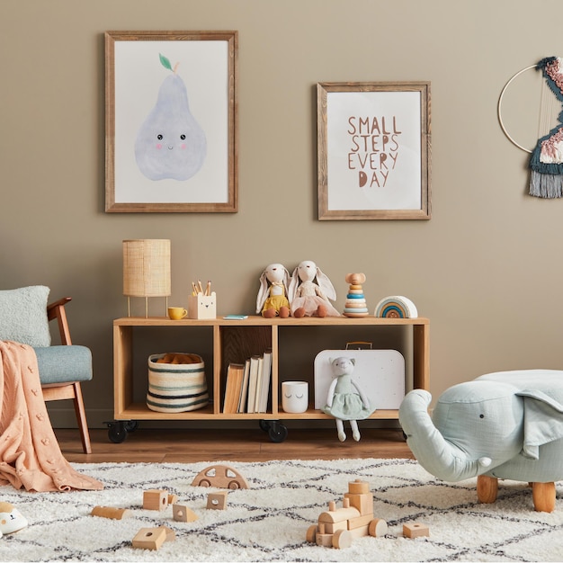 Stylish scandinavian kid room interior with toys teddy bear\
plush animal toys mint armchair furniture decoration and child\
accessories brown wooden mock up poster frames on the wall\
template