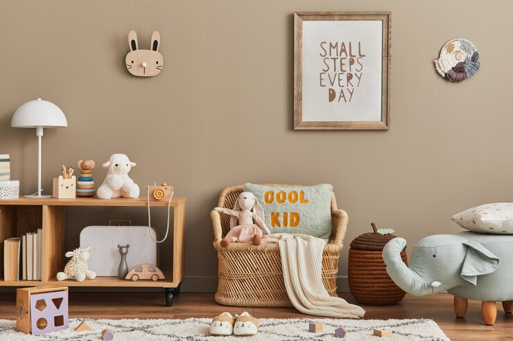 Photo おもちゃ、テディベア、ぬいぐるみの動物のおもちゃ、籐のソファ、家具、装飾、子供用アクセサリーを備えた、スタイリッシュなスカンジナビアの子供部屋のインテリア。壁には茶色の木枠。
