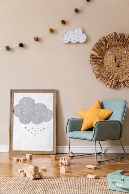 Stylish scandinavian kid room with mock up poster, toys, teddy bear, plush animal and children accessories