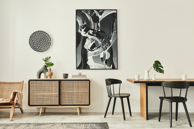 Elegante soggiorno scandinavo interno di un appartamento moderno con comò in legno, tavolo di design, sedie, moquette, dipinti astratti sul muro e accessori personali in un arredamento unico per la casa. modello.