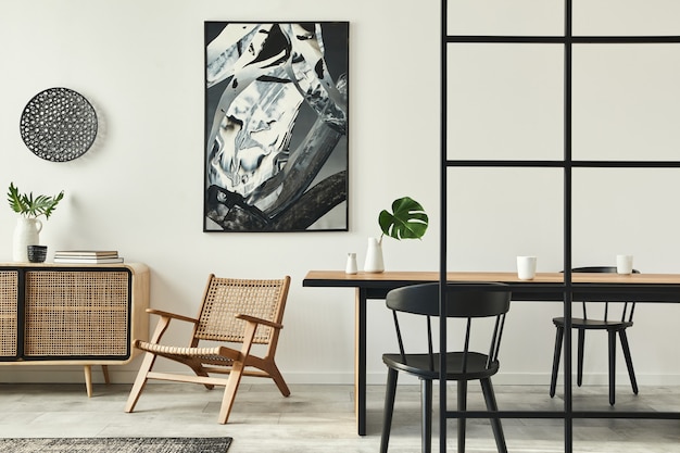 Stylish scandinavian living room interior of modern apartment with wooden commode, design table, chairs, carpet, abstract paintings on the wall and personal accessories in unique home decor.
