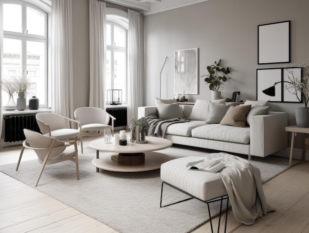 Stylish scandinavian living room with beautiful furniture and decor Generative AI