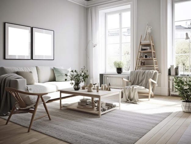 Stylish scandinavian living room with beautiful furniture and decor Generative AI