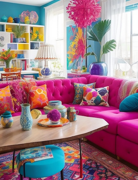 Фото Стильная скандинавская гостиная с дизайнерским мятным диваном, мебелью, плакатом, картой, растениями и элегией