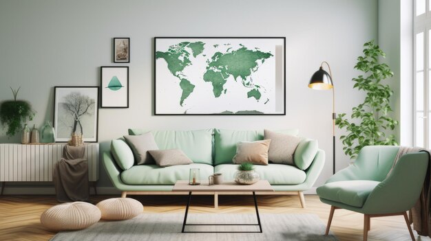 Stylish scandinavian living room with design mint sofa furnitures mock up poster map plants