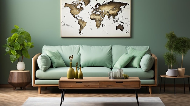 スタイリッシュなスカンジナビアのリビング ルーム デザイン ミント ソファ家具モックアップ ポスター マップ