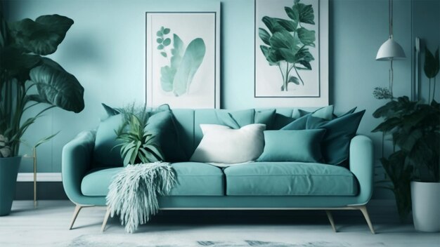 Stylish Scandinavian living room with design mint sofa