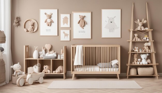 Stylish scandinavian newborn baby room with brown wooden mock up poster frame toys plush animal and ...