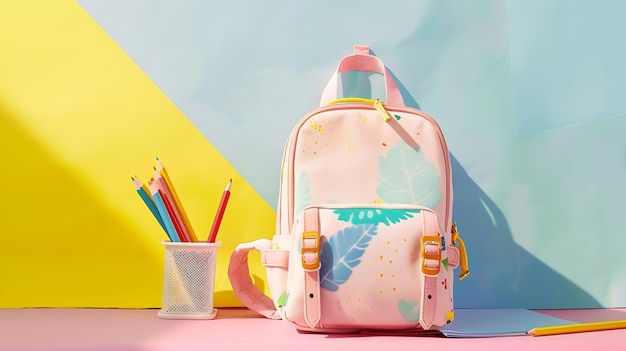 Stylish school backpack and pencil case with different stationery supplies on colorf Generative AI