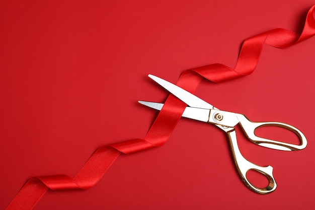 Photo stylish scissors and red ribbon on color background flat lay with space for text ceremonial tape cutting