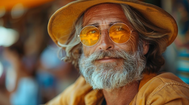 Stylish Senior Man with Beard Wearing Yellow Hat and Glasses Posing Casually