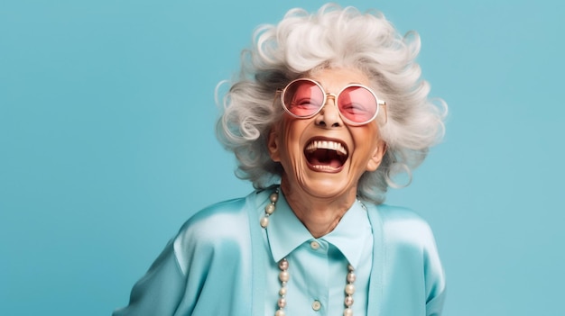 Photo stylish senior woman showing devil horns gesture on pink background