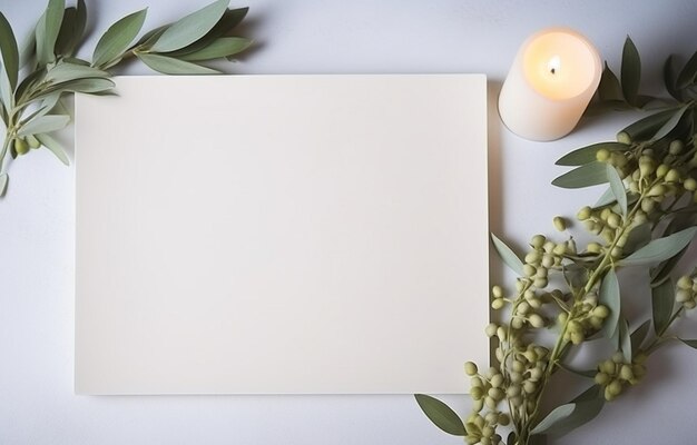 Stylish setting wedding table with place card with olive branch and eucalyptus leaves on white tablecloth