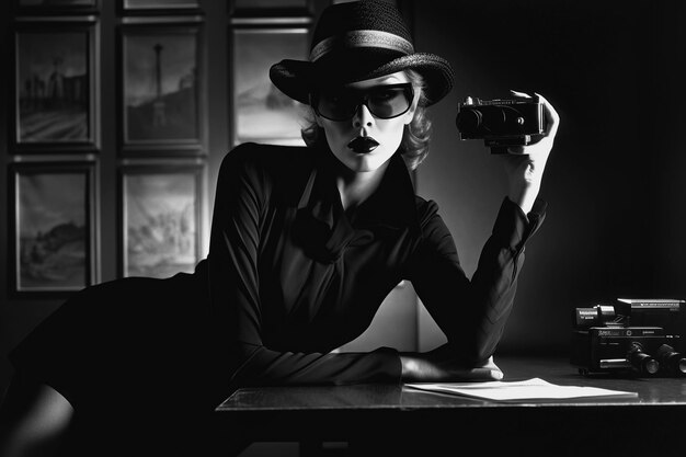 Stylish sexy girl in fashionable clothes in retro style Vintage fashion of 1980s in noir style Generative AI