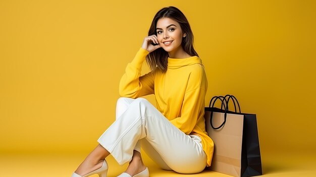 Stylish shopper attractive woman on yellow