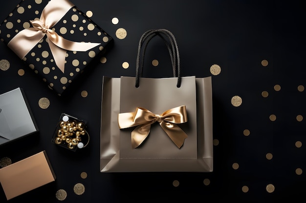 stylish shopping bag surrounded by gift boxes and accessories